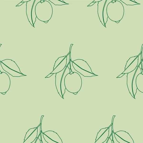 Nahtloses Muster mit Zitronen. Linienzeichnung isoliert auf hellgrünem Hintergrund. frische Früchte mit Blättern. Sommerdesign. Vektorillustration. — Stockvektor