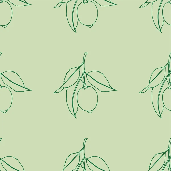 レモンとシームレスなパターン。明るい緑色の背景に分離された線画。葉っぱの新鮮なフルーツ。夏のデザイン。ベクトルイラスト. — ストックベクタ