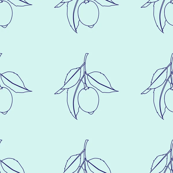 Fruta Limón Con Hojas Dibujo Línea Aislado Sobre Fondo Azul — Vector de stock