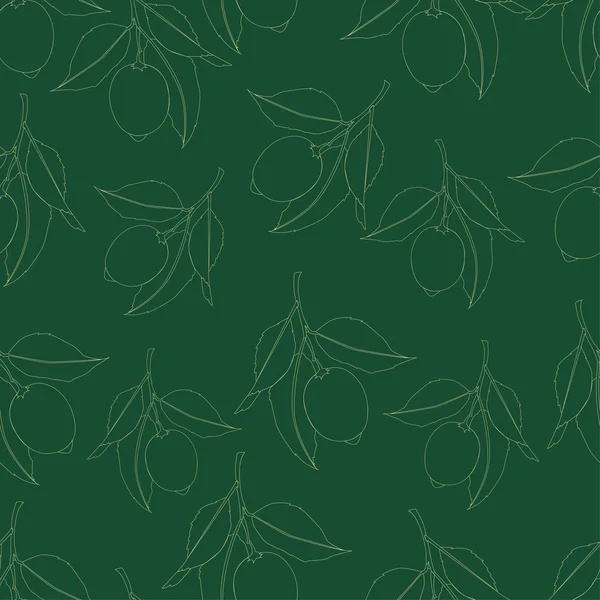 レモンとシームレスなパターン 濃い緑色の背景に分離された線画 葉っぱの新鮮なフルーツ 夏のデザイン ベクトルイラスト — ストックベクタ