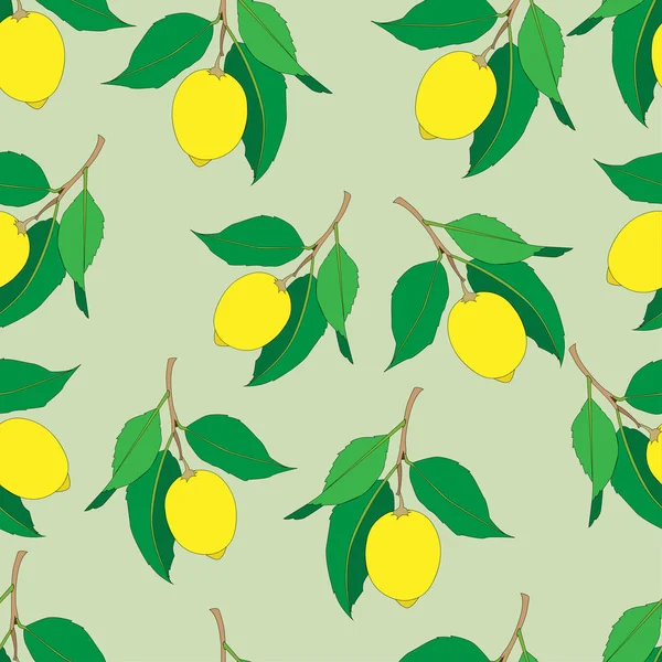 Bezešvé vzory s citronů izolovanými na zeleném pozadí. Žluté čerstvé ovoce se zelenými listy. Letní design. Barevná tapeta. Vektorová ilustrace. — Stockový vektor