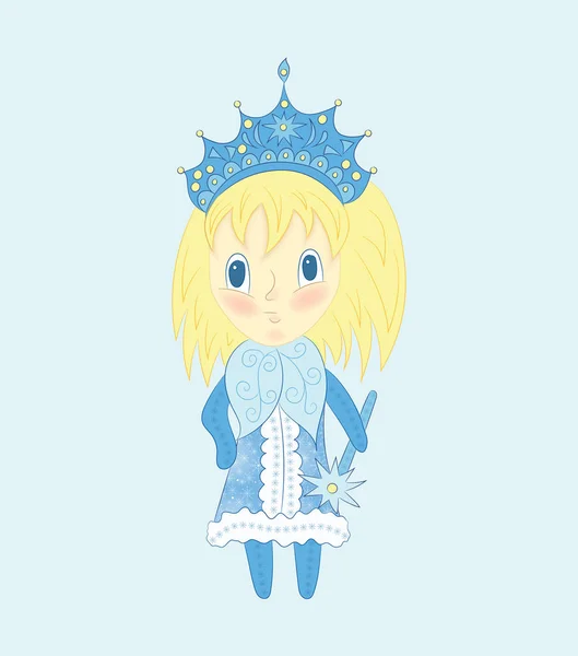 Mavi elbiseli sevimli chibi Snow Maiden. Sarı saçlı komik küçük kız Noel illüstrasyon. — Stok Vektör