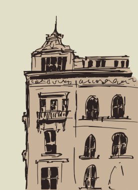 Elle çizilmiş vintage ev. Eski şehir. Açık arka planda sokak çizimleri. Avrupa şehri. Çizgi film evi. Mürekkep hattı tarzı bina. Vektör çizimi.