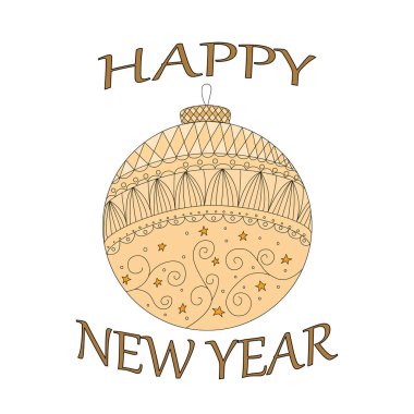 Soyut doodle Noel topu ile Tatil tebrik kartı. Yeni Yılınız Kutlu Olsun. Sezonun Dekorasyon unsuru. Düz tasarım. Vintage Festive Etiket. Vektör İllüstrasyon. Eps.