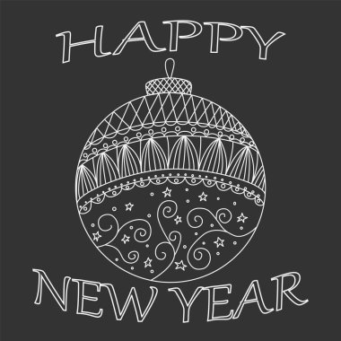 Soyut doodle topu ile Tatil tebrik kartı. Yeni Yılınız Kutlu Olsun. Sezonun unsuru. Siyah beyaz renkler. Vintage Festive Etiket. Noel ağacı için dekorasyon. çizgili Kış İllüstrasyon. Vektör Eps.