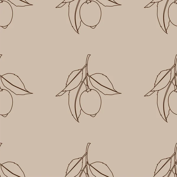 レモンとシームレスなパターン ベージュの背景に分離された線画 葉っぱの新鮮なフルーツ 夏のデザイン ベクトルイラスト — ストックベクタ
