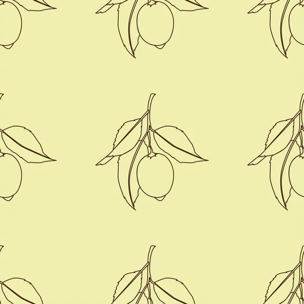 Χωρίς ραφές με λεμόνια. Το σχέδιο της γραμμής απομονώθηκε σε κίτρινο φόντο. Φρέσκα φρούτα με φύλλα. Καλοκαιρινό σχέδιο. Απεικόνιση διανυσματικών φορέων. — Διανυσματικό Αρχείο