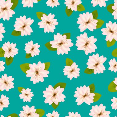 Bahar kiraz çiçekleri. Japon sakura ile dikişsiz desen. Mavi arka planda pembe çiçekler. Romantik illüstrasyon.