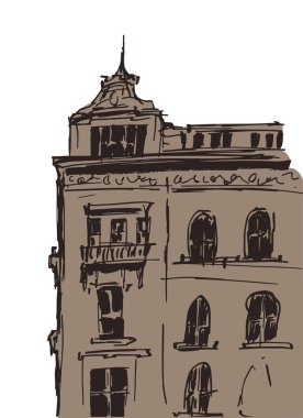 Elle çizilmiş vintage ev. Eski şehir. Beyaz arka plan daki sokak çizimleri. Avrupa şehri. Çizgi film evi. Mürekkep hattı tarzı bina. Vektör çizimi.