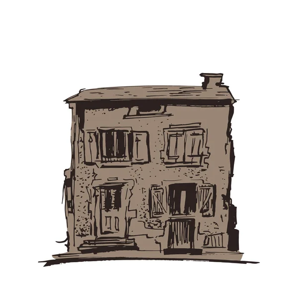 Hand getekende Vintage huis. Oude stad. Straat schetsen op witte achtergrond. Europese stad. Cartoon huis. Ink line stijl gebouw. Vector illustratie. — Stockvector