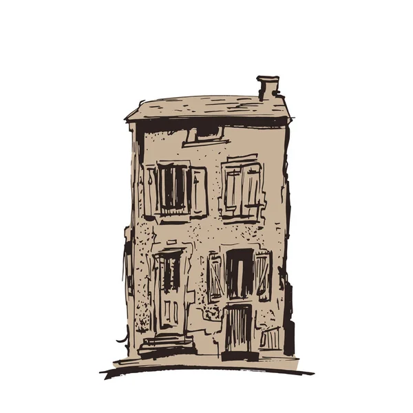 Casa vintage dibujada a mano. El casco antiguo. Bocetos callejeros sobre fondo blanco. Ciudad europea. Casa de dibujos animados. Edificio de estilo línea de tinta. Ilustración vectorial . — Vector de stock