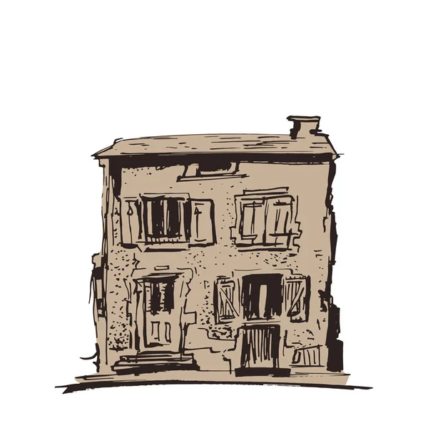 손으로 그린 빈티지 홈. 올드 타운. 흰색 배경에 거리 스케치. 유럽 도시. 만화 집입니다. 잉크 라인 스타일 건물입니다. 벡터 일러스트레이션. — 스톡 벡터