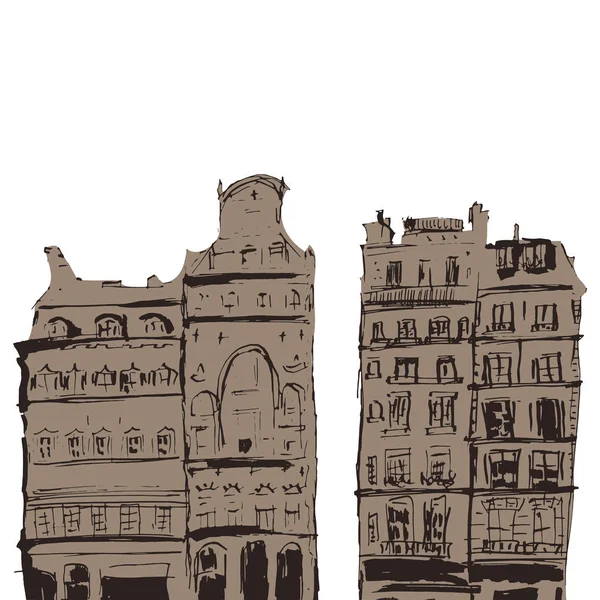手描きのヴィンテージホーム。旧市街白い背景にストリートスケッチ。ヨーロッパの都市。漫画の家。インクラインスタイルの建物。ベクトルイラスト. — ストックベクタ