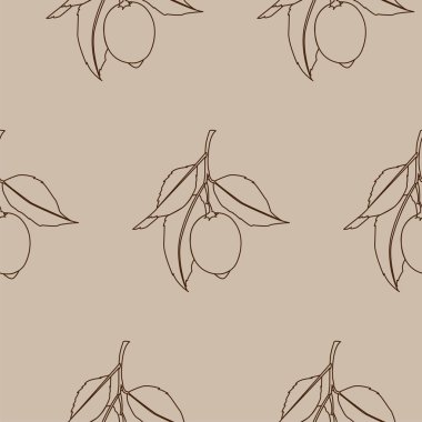 Limon ile dikişsiz desen. Ylight kahverengi arka plan üzerinde izole çizgi çizim. Yapraklı Taze Meyveler. Yaz tasarımı. Vektör çizimi.