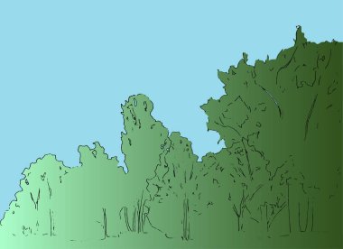 Yeşil orman silueti ve mavi gökyüzü. Çevre koruma kavramı düz tasarım. Vektör manzara. Soyut doğa arka plan, orman şablonu, el çizilmiş illüstrasyon.