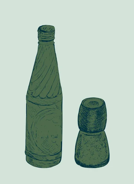 Conjunto de garrafa de vidro e moinho de sal, agitador, moedor. Estilo desenhado à mão. Vector Sketch. Saleiro ou recipiente de especiarias. Bebida de refrigerante. Para menu em restaurante e café . —  Vetores de Stock