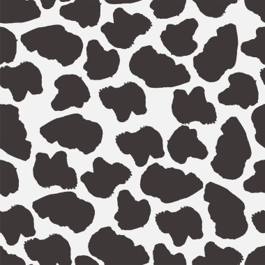 Siyah ve beyaz, lekeli, pürüzsüz desen. Hayvan izi. İnek dokusu. Basit elementlerle sınırsız soyut arkaplan. Vektör illüstrasyonu. 