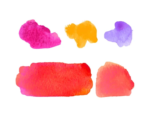 Set of watercolor elements in bright colors. Vector textured illustration. Abstract aquarelle stains isolated on white background. Hand drawn paint blotch for your design, logo, emblem, banner. — Stock Vector