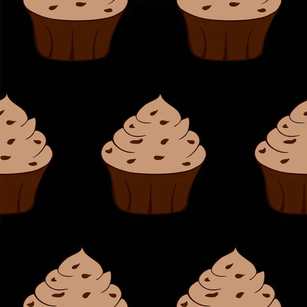 Tasty chocolate cupcakes isolated on black background. Sweet dessert seamless pattern. Vector illustration. Dark design — Stock Vector