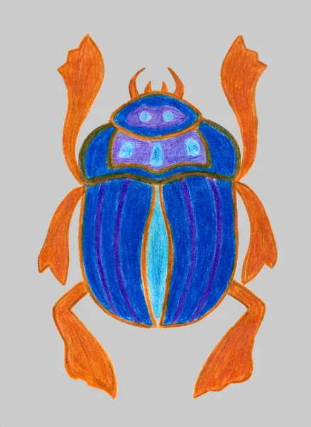 蓝色的臂章在浅灰色的背景上被隔离.古老的神圣昆虫。埃及文化。Bug太阳的符号。甲壳虫的标志类型。手绘插图。彩色铅笔技术 — 图库照片