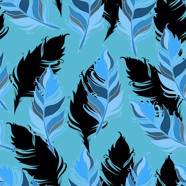 Plumas Patrón sin costuras. Ilustración vectorial. Fondo azul — Vector de stock