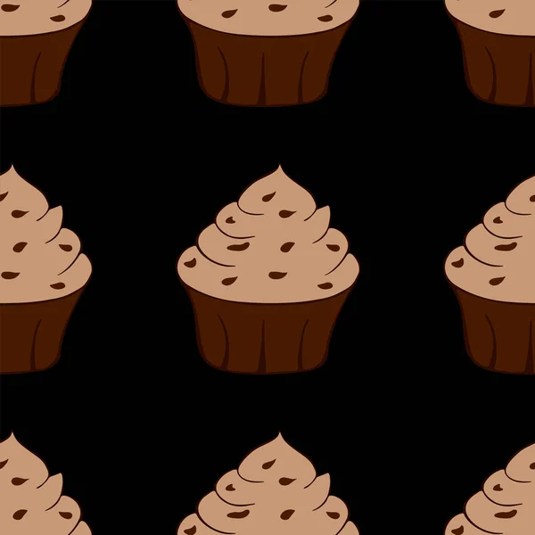 Smaklig choklad muffins isolerad på svart bakgrund. Söt dessert sömlöst mönster. Vektorillustration. Mörk design — Stock vektor