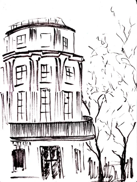 Old house. Quick sketch of building. Hand-drawn illustration. Black and white. Urban landscape. Line art. Ink drawing
