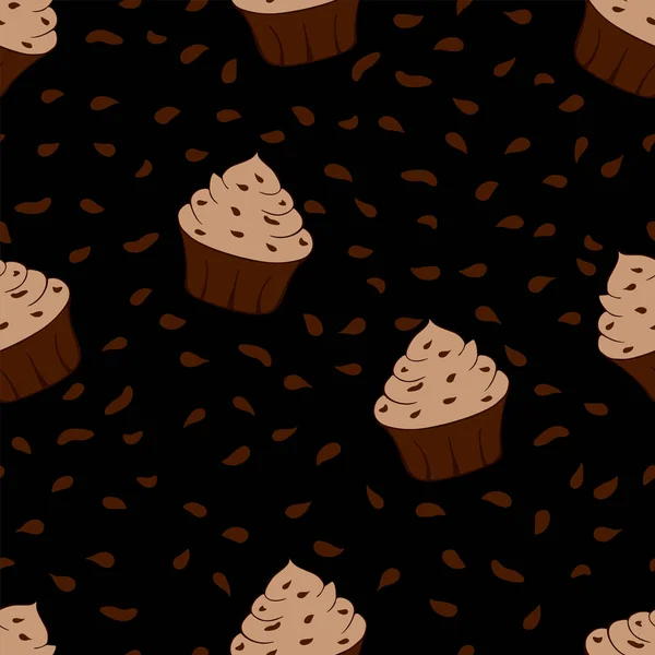 Вкусные шоколадные кексы изолированы на черном фоне. Сладкий десерт бесшовный узор. Векторная иллюстрация. Темный дизайн — стоковый вектор