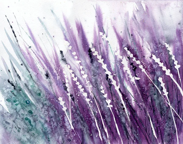 Lavender flowers field. Watercolor painting. Hand-drawn art. — Stock Photo, Image