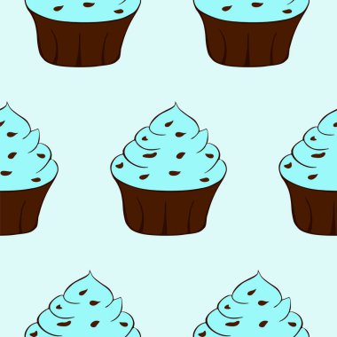 Çikolata parçacıklı kekler izole edilmiş. Mavi arka plan. Kremalı tatlı. Kusursuz desen. Vektör illüstrasyonu