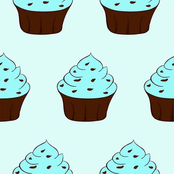 Cupcakes mit Schokoladenstreuern isoliert. Blauer Hintergrund. Süßes Dessert mit Sahne. Nahtlose Muster.Vektorillustration — Stockvektor