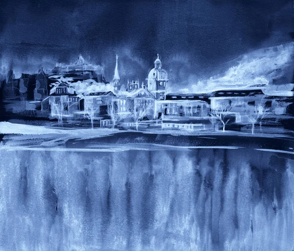 Szcenírozott panoráma az óvárosra Stockholmban, Svédországban. Kézzel rajzolt illusztráció. Akvarell művészet. Kék színek. Monokróm régi kártya — Stock Fotó