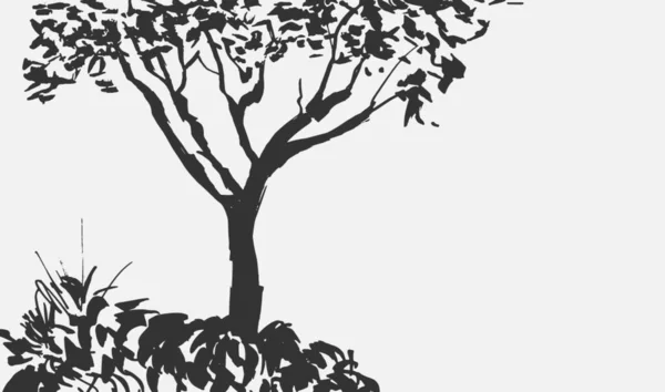 Svart träd siluett isolerad på vit bakgrund. ISumi-e, u-sin, gohua målning stil. Stiliserad, tatuerad teckning. Handritad illustration. — Stock vektor