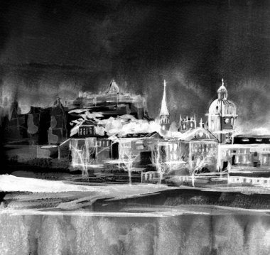 Stockholm, İsveç 'teki Eski Şehir' in manzarası. Elle çizilmiş illüstrasyon. Suluboya sanat. Gri, siyah ve beyaz renkler. Tek renkli eski kart