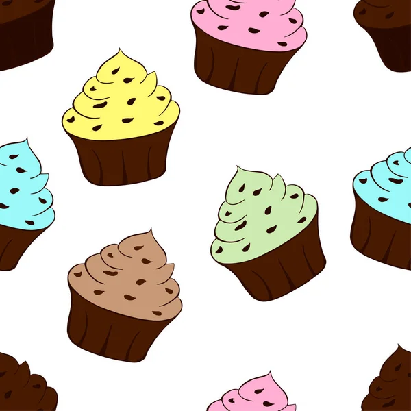 Νόστιμα πολύχρωμα cupcakes απομονωμένα σε λευκό φόντο. Γλυκό επιδόρπιο χωρίς ραφή μοτίβο. Εικονογράφηση διανύσματος — Διανυσματικό Αρχείο