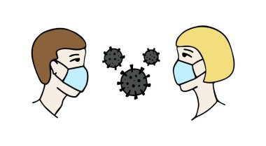 Wuhan enfeksiyonunu önlemek için koruyucu maske takan kadın ve erkek. Roman Coronavirus 2019-NCoV. Virüs sembolü. Hücre mikrobu. Covid 'in önlenmesi. Küresel salgın alarmı. Covid-19 salgını