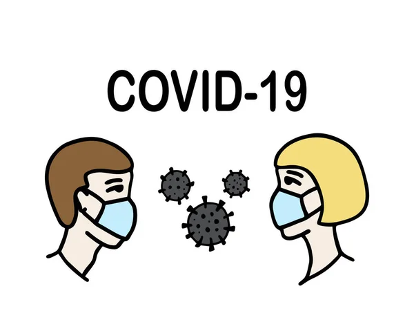 Hombre y mujer con máscara médica protectora para prevenir la infección. Símbolo virus. Microbio celular. Alerta pandémica mundial — Vector de stock