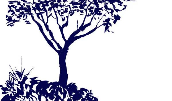 Silueta de árbol negro aislada sobre fondo blanco. ISumi-e, u-sin, estilo de pintura gohua. Dibujo con tinta estilizada. ilustración dibujada a mano — Vector de stock