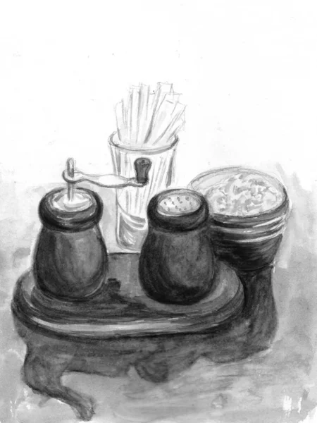 Salt och peppar shakers på bordet i caféet. Akvarell illustration. Handritad skiss. Grå, svartvita monokroma färger — Stockfoto