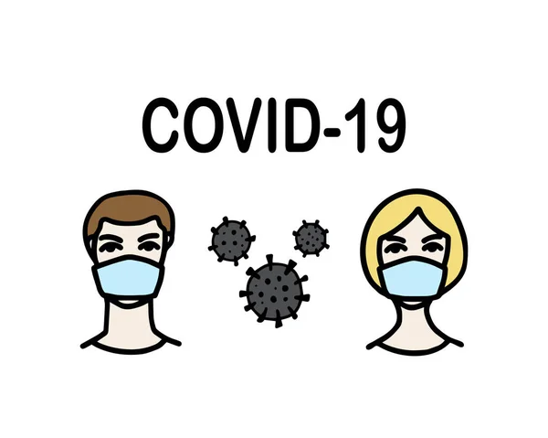 Hombre y mujer con máscara médica protectora para prevenir la infección. Símbolo virus. Microbio celular. Prevención del covidio. Alerta pandémica mundial — Vector de stock