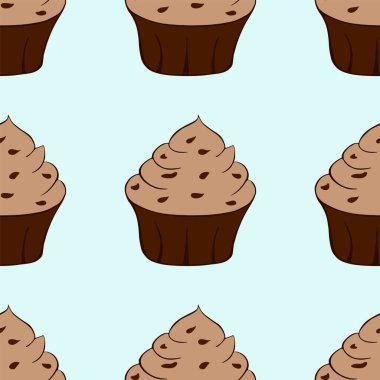 Mavi arka planda izole edilmiş lezzetli çikolatalı kekler. Tatlı, pürüzsüz desen. Vektör illüstrasyonu