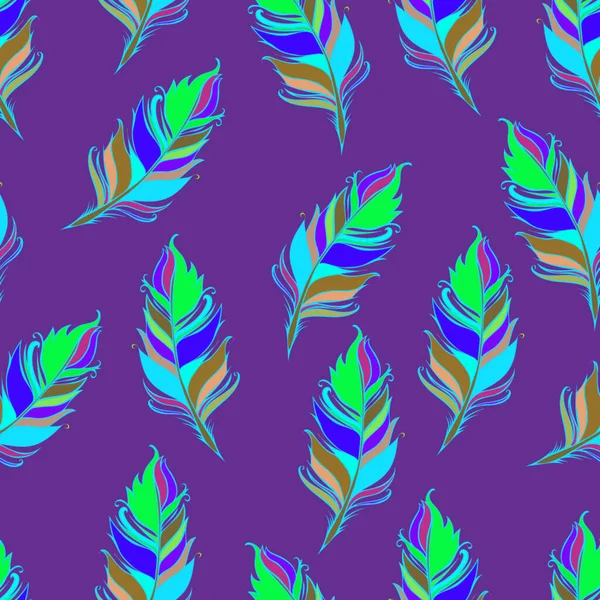 Empreinte de plumes brillantes. Fond violet. Modèle sans couture d'été. Illustration vectorielle colorée — Image vectorielle