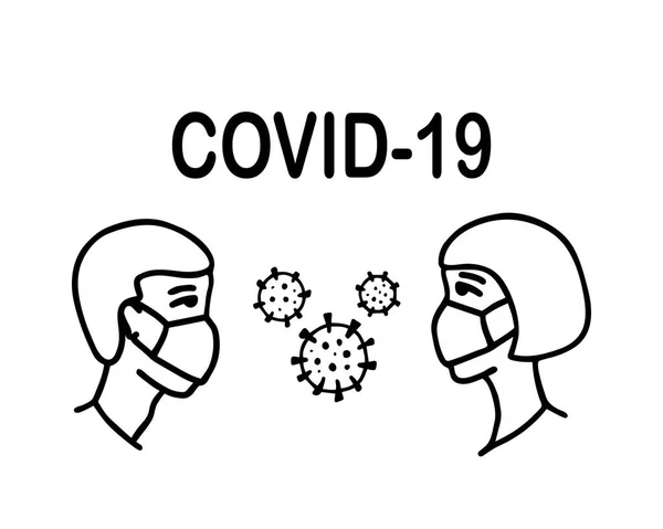Hombre y mujer con máscara médica protectora para prevenir la infección por Wuhan. Novela coronavirus 2019-nCoV. Símbolo virus. Microbio celular. Prevención del covidio. Alerta pandémica mundial. Brote de Covid-19 — Vector de stock