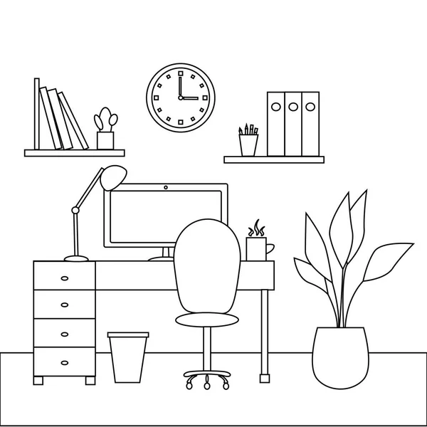 Ilustración vectorial de diseño de interiores de oficinas domésticas modernas con escritorio de diseño. Trabajando desde el concepto casero. Lugar de trabajo sobre fondo blanco. Espacio de trabajo de un empresario creativo — Vector de stock