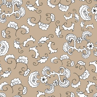 Çiçek süsüsüyle desensiz karalama. Duvar kağıdı, tekstil, ambalaj kağıdı. Bej arka plan. El çizimi Vektör illüstrasyonu