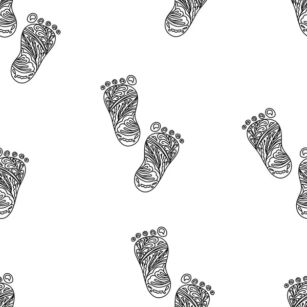 Menselijke voetafdruk. Naadloos patroon. Vector Illustratie. Zwart gevoerde elementen geïsoleerd op witte achtergrond. Zentangle en doodle stijl — Stockvector