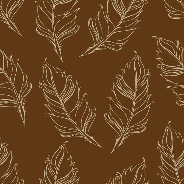 Pluma aislada. Patrón sin costuras. Ilustración vectorial. Colores marrón y beige — Vector de stock