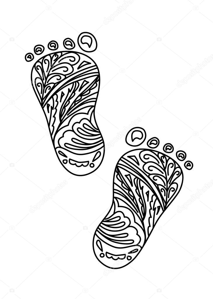 Human Foot print. Vector Illustration. Design element isolated on white background. Can be used as coloring book page. Zentangle and doodle style