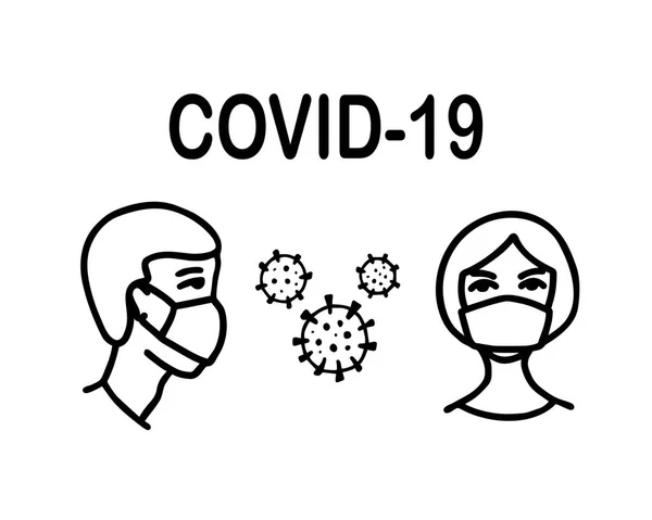 Hombre y mujer con máscara médica protectora para prevenir la infección por Wuhan. Símbolo virus. Microbio celular.Prevención del covidio. Alerta pandémica mundial. Brote de Covid-19. — Vector de stock