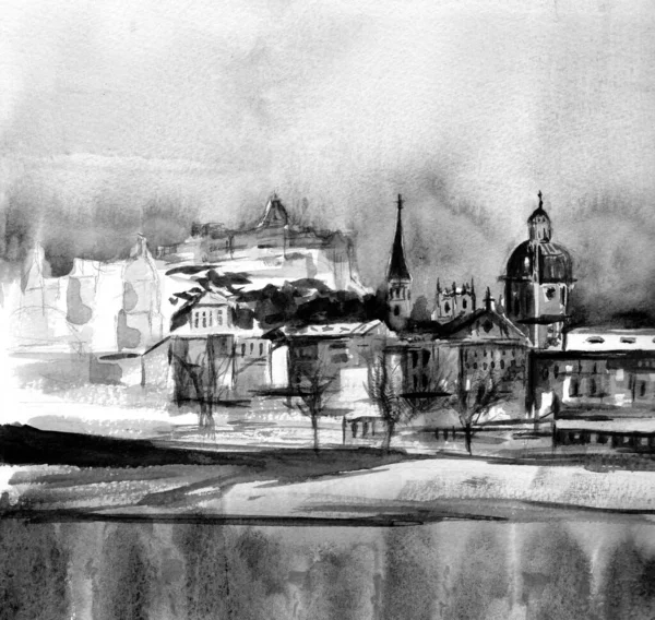 Malerisches Panorama der Altstadt von Stockholm, Schweden. Handgezeichnete Illustration. Aquarellkunst. Grau, schwarz und weiß. Einfarbige alte Karte — Stockfoto